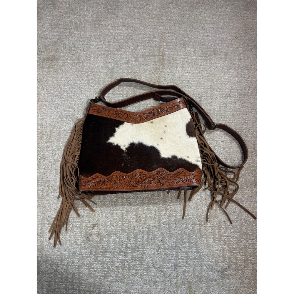 American Bison Genuine Leather Cowhide Fringe Crossbody Shoulder‎ Bag